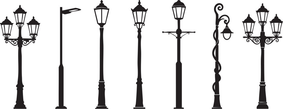 Collection of vintage and modern street lamp posts in black silhouette