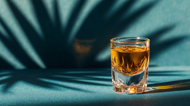 Premium Mezcal Shot Glass with Agave Shadow Play Minimalist Corporate Bar Style Concept Cinco de Mayo Celebration