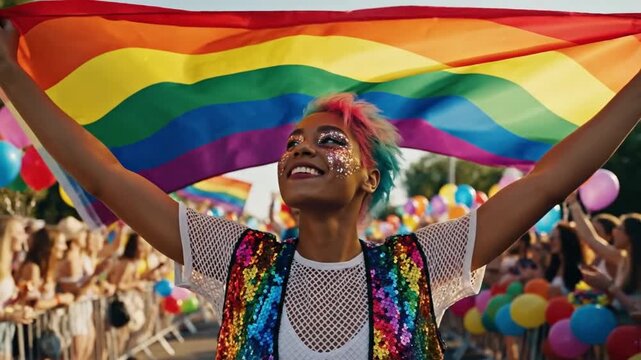 Colorful Celebration Of Diversity. Joyful Gathering With Rainbow Banners And Enthusiastic Attendees. Excited Participants Wave Rainbow Flags During Vibrant And Lively Pride Celebration Event