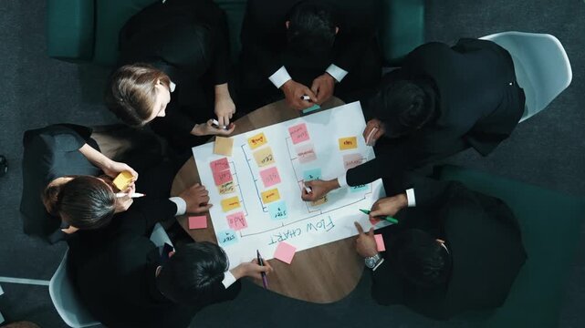 Top down view of business people hands making scrum task board to manage workflow in workplace. Diverse marketing team drawing a line and use colorful stick notes to work on kanban. Directorate.