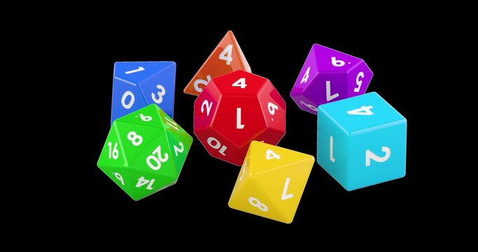 Colored polyhedral roleplaying dice rotation animation seamlessly loopable. 3D rendering isolated on transparent background