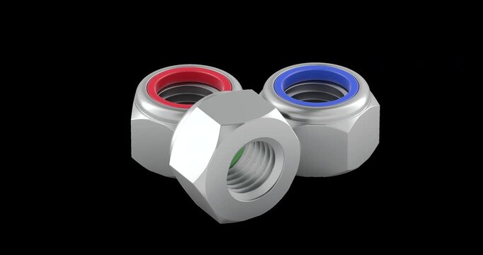 Nylon insert lock nuts rotation animation seamlessly loopable. 3D rendering isolated on transparent background