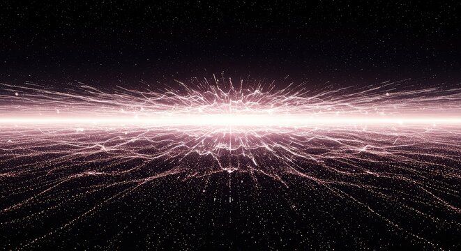 Abstract conceptual visualization of a vast open energy field. Flowing light particles across a digital landscape representing power and cosmic force, particles, simulation, glowing