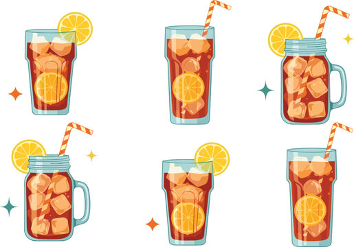 Refreshing Iced Lemon Tea Drinks Vector Illustration Set Featuring Citrus Lemon Slices, Cold Beverage Glasses and Summer Refreshment Collection