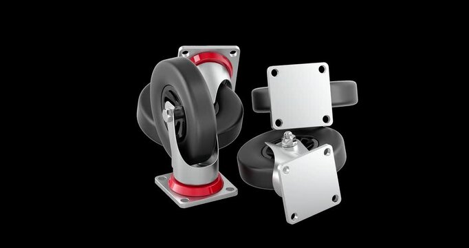 Swivel caster wheels for trolleys rotation animation seamlessly loopable. 3D rendering isolated on transparent background