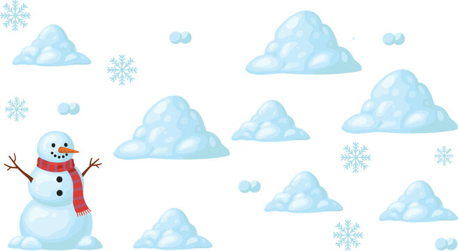 Winter Snow Elements Collection with Snowman Snowdrifts Snowflakes and Ice Piles Seasonal Holiday Vector Illustration Set