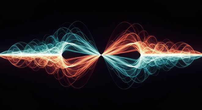Abstract digital visualization of two synchronized energy wave patterns merging, illustrating the physics concept of harmonic resonance, field, analysis, wave