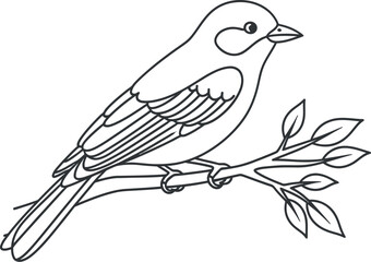 Fototapeta premium A charming black and white line drawing illustrates a small bird gracefully perched on a leafy branch, perfect for coloring books or nature-themed designs and educational materials.