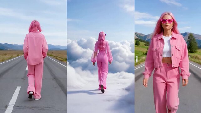 woman pink walking fashion model fantastic nature road environment ecology walker set
