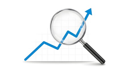 Obraz premium Magnifying glass analyzing upward financial growth chart isolated on white