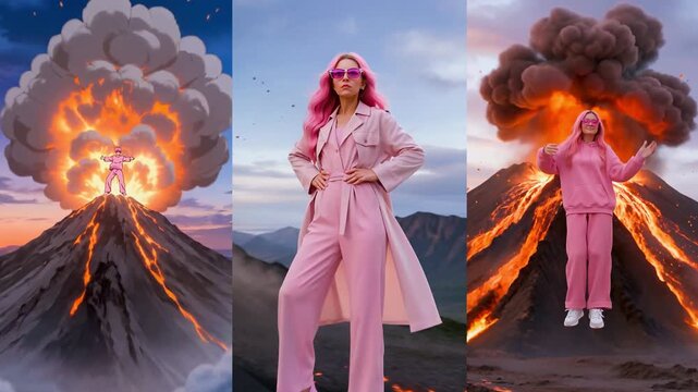 volcano natural disaster fashion model hero set environment parade pink modern woman