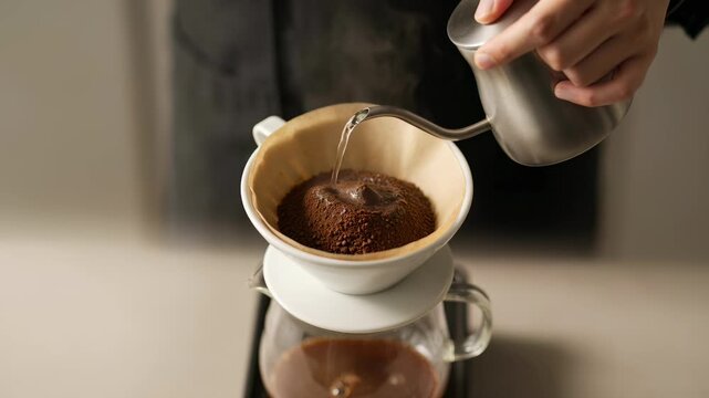 Close-up of barista hands pouring hot water from a silver gooseneck kettle into a ceramic dripper with ground coffee and paper filter for manual pour-over brewing with steam rising.