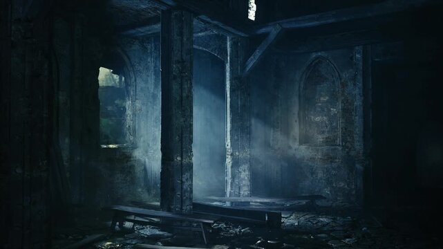 Dark ruined interior with light beams. Cinematic moody atmosphere inside concrete shell, scattered debris and dust motes catching shafts of sunlight, pillars