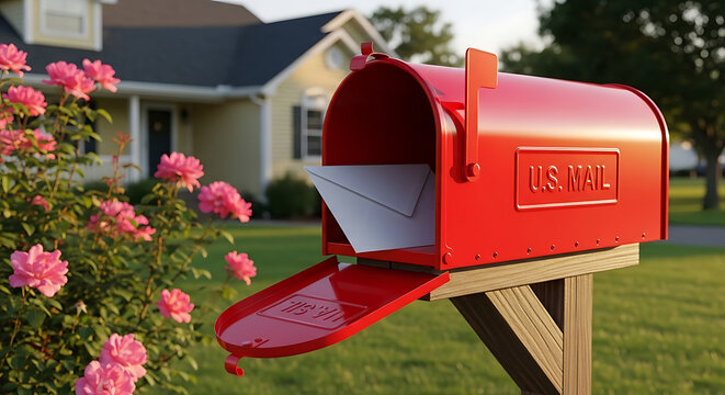 A red mailbox stands open on a wooden post in a residential yard with roses and a house.