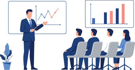 Obraz premium Professional businessman giving corporate presentation with charts and data graphs to audience in office meeting flat vector illustration.
