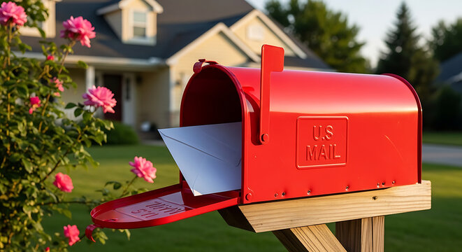 A red mailbox stands open on a wooden post beside a rose bush in a suburban yard with a house.