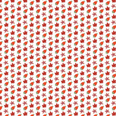 Seamless pattern of red leaves and strawberries on white background