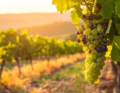 Grapes on a vine at sunset, overlooking vineyard rows and rolling hills bathed in golden light