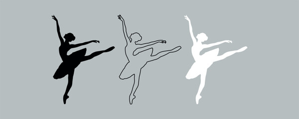 Fototapeta premium Graceful ballerina silhouette set, elegant ballet dancer vector icons, black and white performing arts graphics, 3 elements in EPS format
