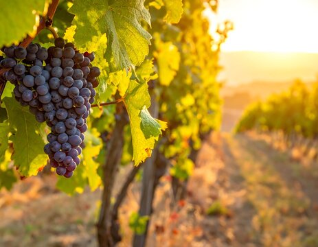Grapes on the vine, sunlight highlighting rows of distant vineyards. Soft, golden light gives a peaceful rural scene