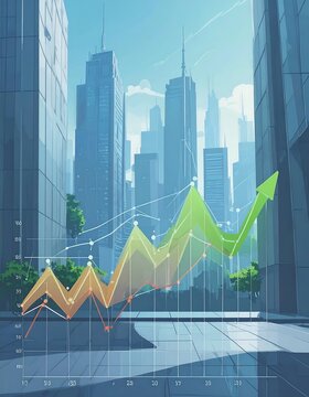 Graph overlaid on a city background, showing upward trends in data visualization for business growth