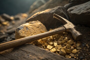 Golden nuggets gleam beside a rugged hammer