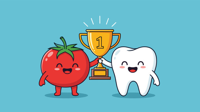 Smiling cartoon tomato and white tooth characters celebrate a victory by holding a gold first place trophy cup together.