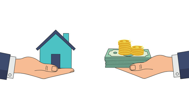Real estate transaction concept showing two hands exchanging a blue house model for a stack of cash and gold coins.