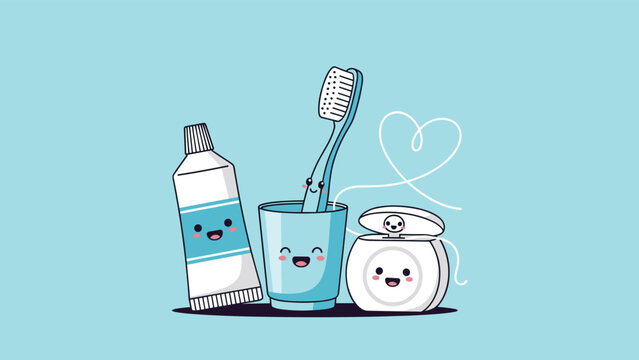 Set of adorable cartoon dental hygiene products including a toothpaste tube, toothbrush in a glass, and a dental floss container.