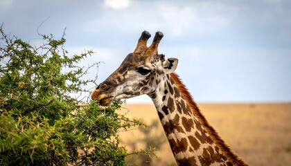Fototapeta premium Giraffe eating from a thorny bush on a grassy plain under a partly cloudy sky, focus on the head