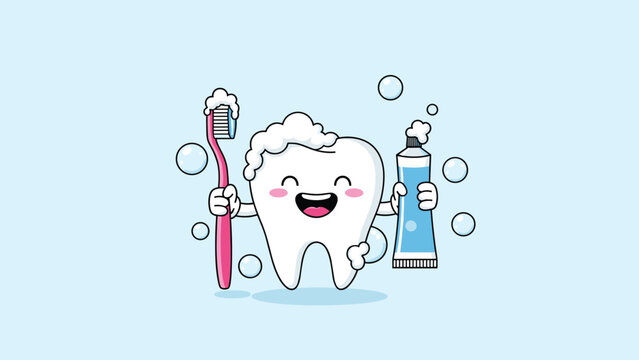 Happy cartoon tooth character holding its own pink toothbrush and a tube of blue toothpaste amidst foamy soap bubbles.