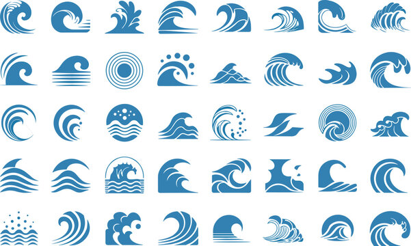ocean wave icon set collection, minimalist water wave symbols, sea surf logo elements, nautical vector illustration pack
