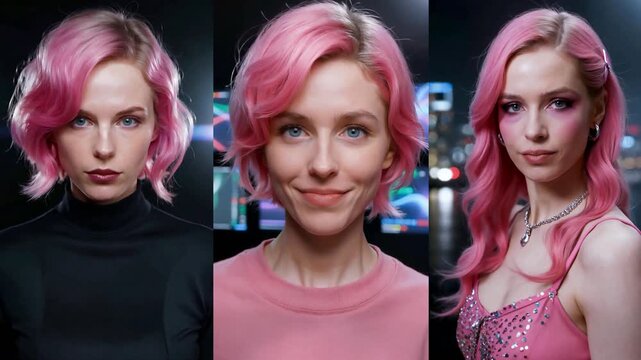 modern woman portrait pink hair cyber night future digital hero character mysterious set