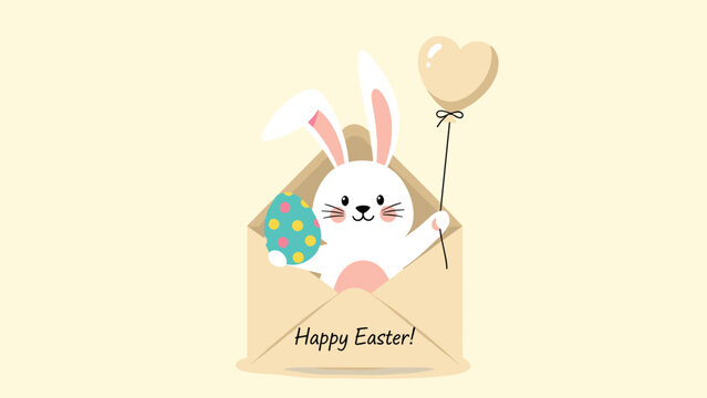 Adorable white easter bunny character popping out of a paper envelope while holding a colorful egg and a heart balloon.