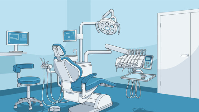 Interior of a modern professional dental office featuring a medical chair, high tech equipment, and advanced treatment tools.