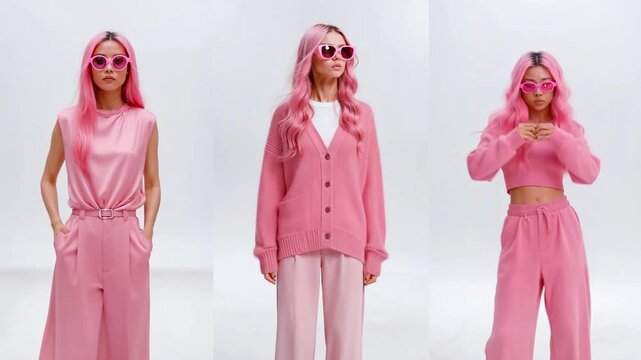 isolated model woman silhouette walking dancing set pink modern fashion minimal white background new clothing trend retro