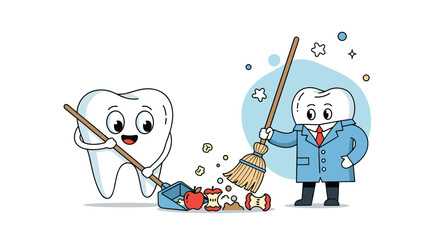 Fototapeta premium Cartoon teeth characters using a broom and dustpan to clean up trash and food scraps for promoting good oral hygiene.