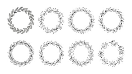 Obraz premium Collection of eight diverse hand drawn floral wreaths with various leaf and berry designs for decorative frames and borders.