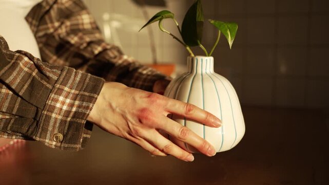 Close-up view of a person wearing a plaid shirt carefully picking up a striped ceramic vase with a young pothos plant from a wooden table, bathed in warm sunset light