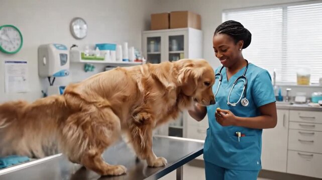 Animal Care Scene. Kind Veterinarian Vaccinating Cheerful Dog. Pet Health Professional Giving Injection To Happy Retriever. Compassionate Veterinarian Provides Vaccination To Joyful Family Pet