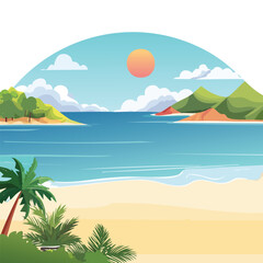Obraz premium Coastal illustration featuring beach sea mountains palm trees and sun
