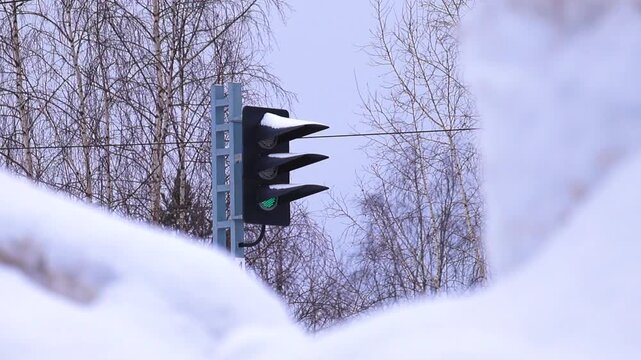 Train signal showing green light during cold winter day framed by snow piles and leafless trees.