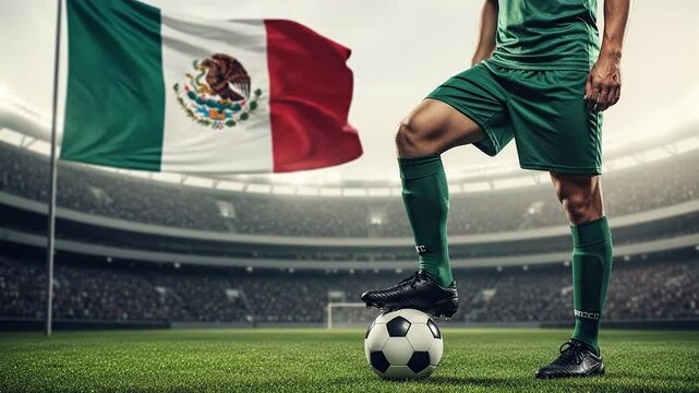 Mexican soccer player in green jersey standing with ball beside large Mexico flag on stadium field representing national pride football passion and Latin American world cup