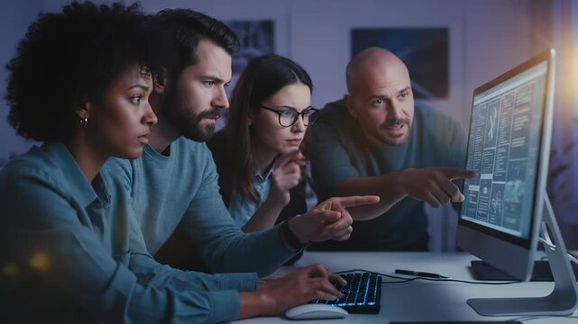 A diverse team of focused IT professionals and data analysts working late at night, showing intense concentration and stress while solving a complex problem on a computer screen.