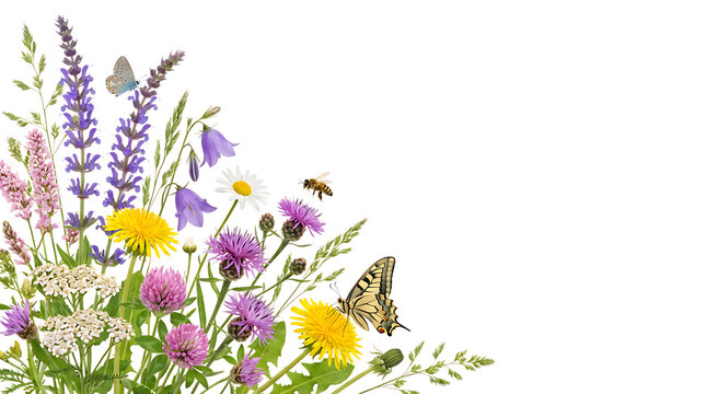 Wildflower Meadow Bouquet with Butterfly and Bee for Nature Pollination Spring Garden and Ecology Design, Transparent PNG