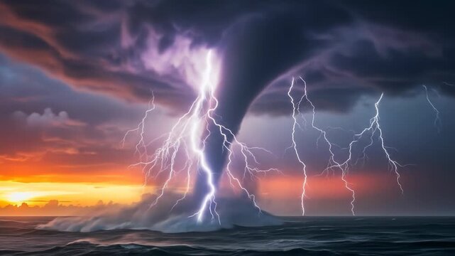 A dark funnel cloud forms over turbulent ocean waves under a stormy sky with lightning at sunset