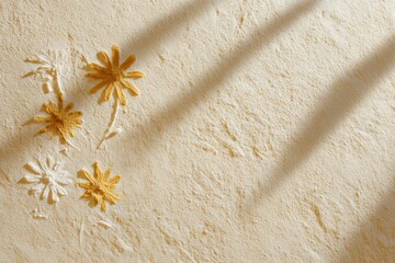 Fototapeta premium Textured beige background with yellow and white daisies formed from colored powder with soft diagonal shadows and subtle grain detail