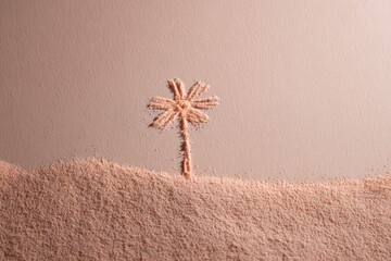 Fototapeta premium Soft peach landscape of powder with a palm tree silhouette sculpted from colored powder rising from a textured dune under gentle studio lighting