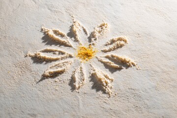 Fototapeta premium Top view pale surface with a daisy shape carved from fine powder and a golden center creating radial petals and textured shadows