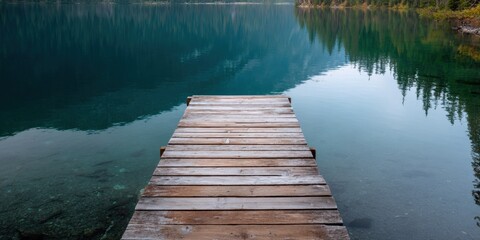 Fototapeta premium Wooden dock lake forest reflection with clear shallow water and distant pines, centered pier leading into glassy calm surface at dawn